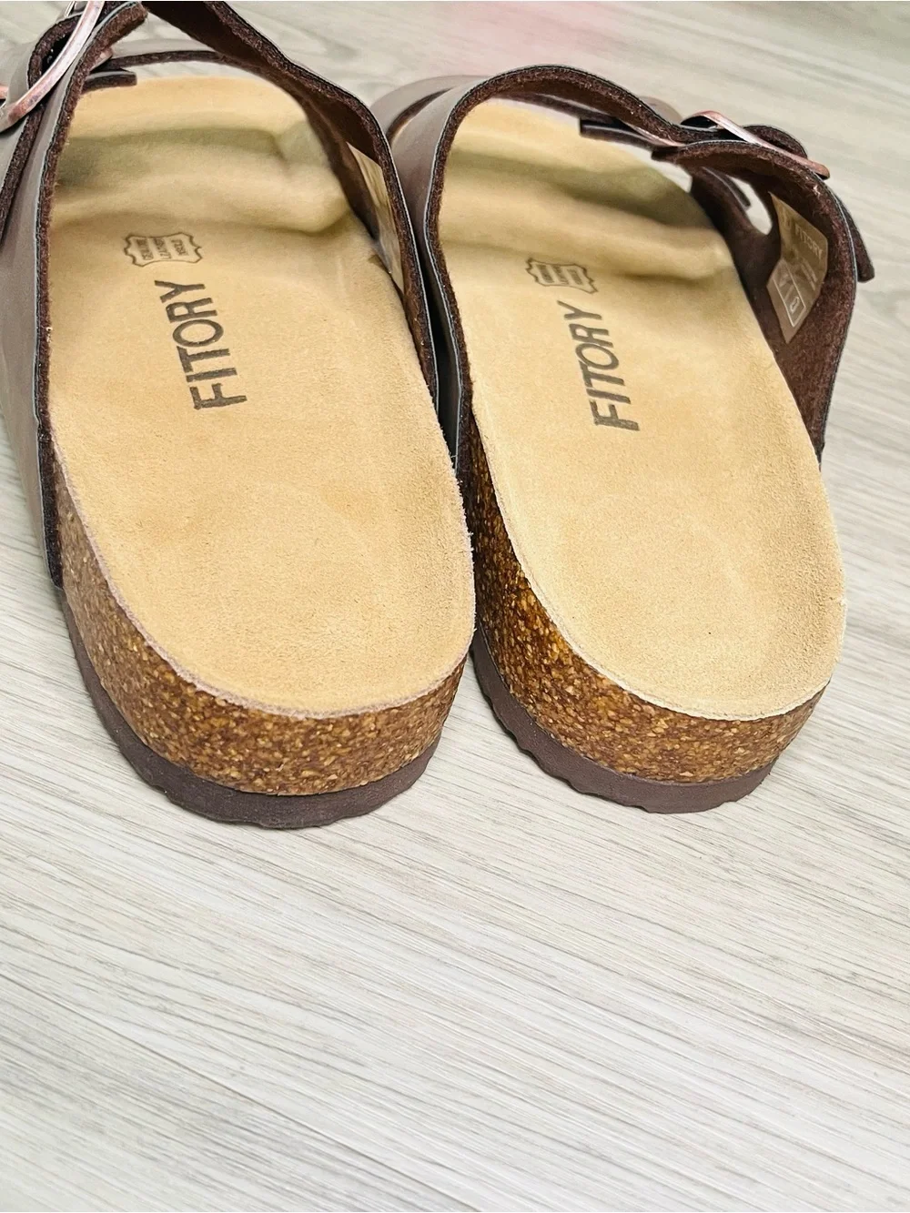Fitory Sandals Mens Size 10 Brown Slide Adjustable Buckle Leather Comfort Casual